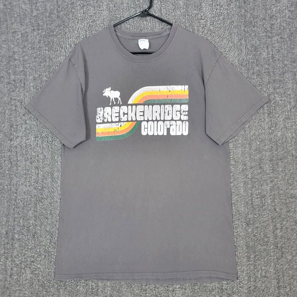 Breckenridge Colorado T-Shirt Mens L Gray Short Sleeve CO Moose Rainbow Crewneck